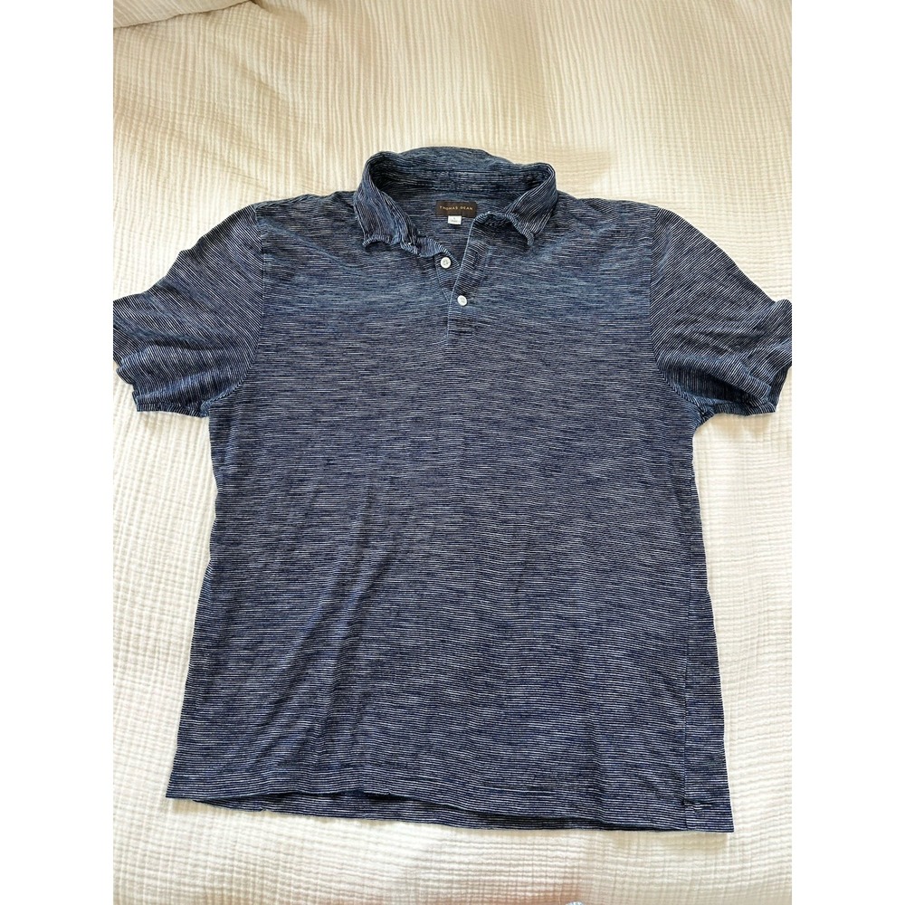 Thomas Dean Men's Polo Large Navy Blue Stripe Short Sleeve Shirt Collared Casual
